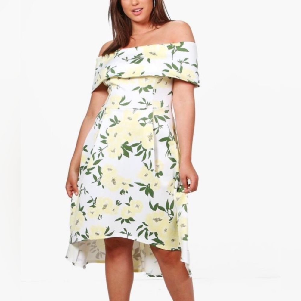 Beautiful never worn floral high-low dress with off-the-shoulder cowl neck.